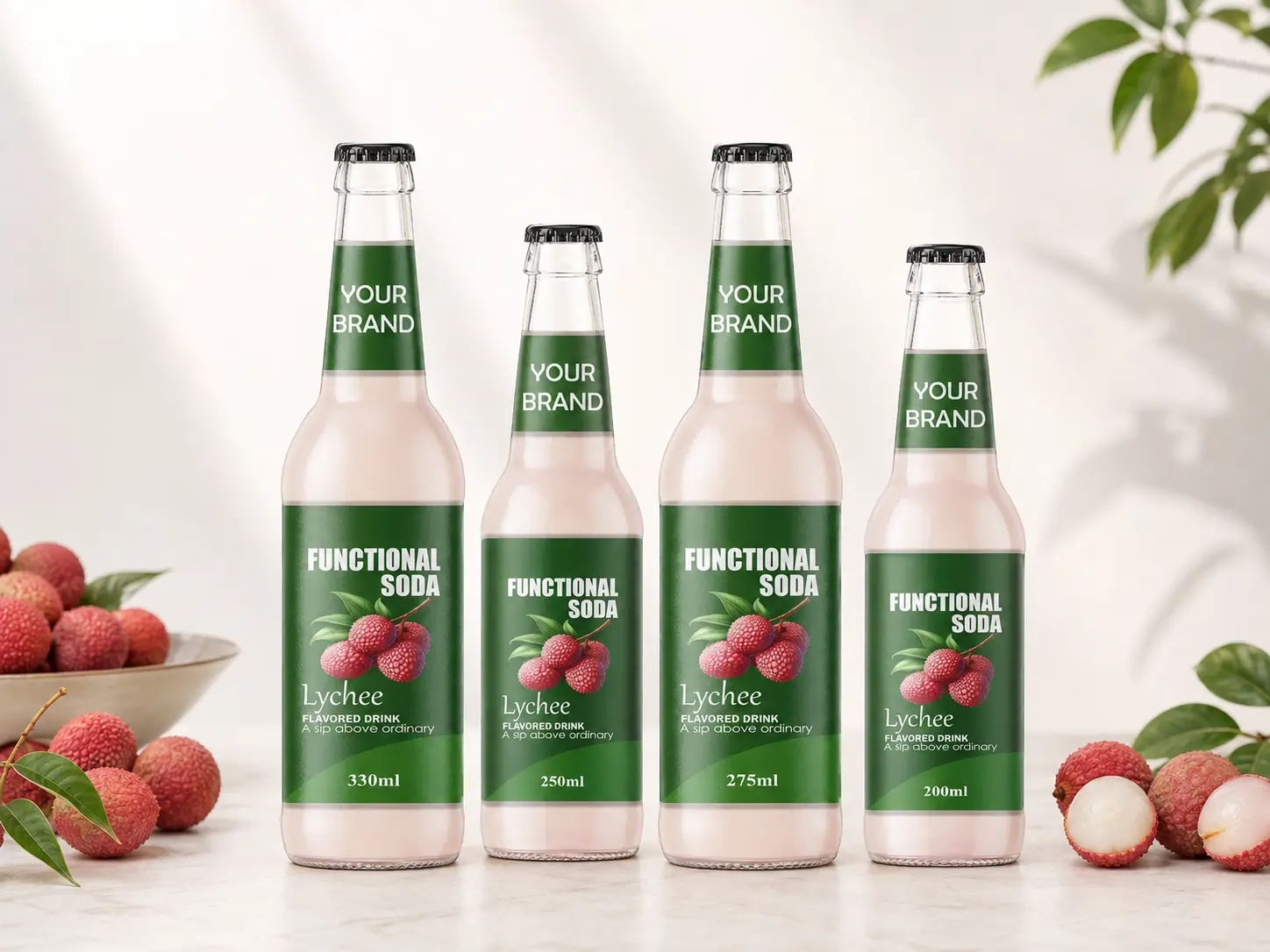 FUNCTIONAL SODA Lychee Flavored Drink in 200ml, 250ml, 275ml and 330ml glass bottles.